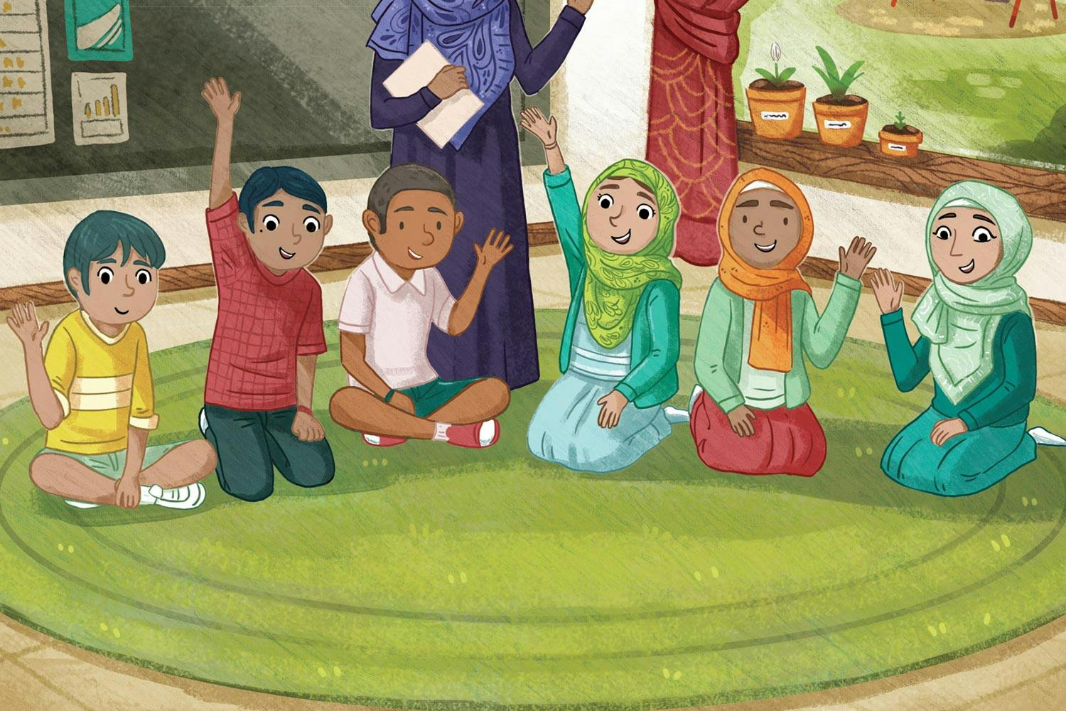 Illustration—a group of kids, some of them wearing hijabs, sit on a green rug in a classroom and wave hello.