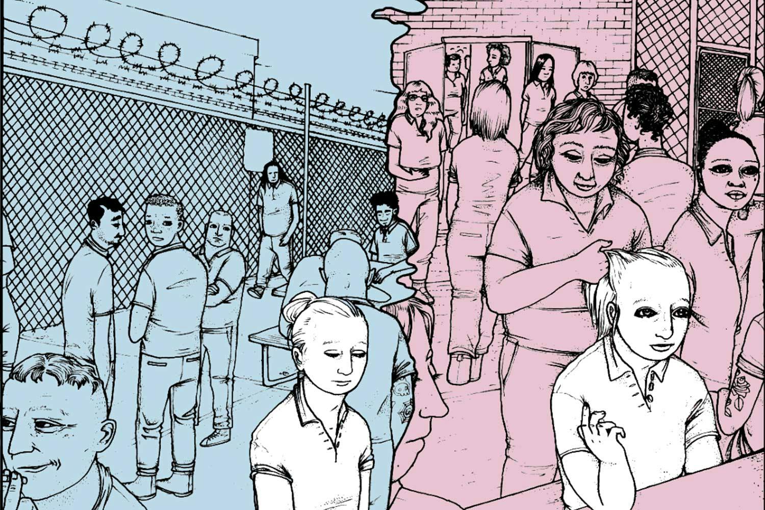 Illustration—a trans prisoner alone in a corner in a men’s prison yard; a woman inmate brainds the trans prisoner’s hair.
