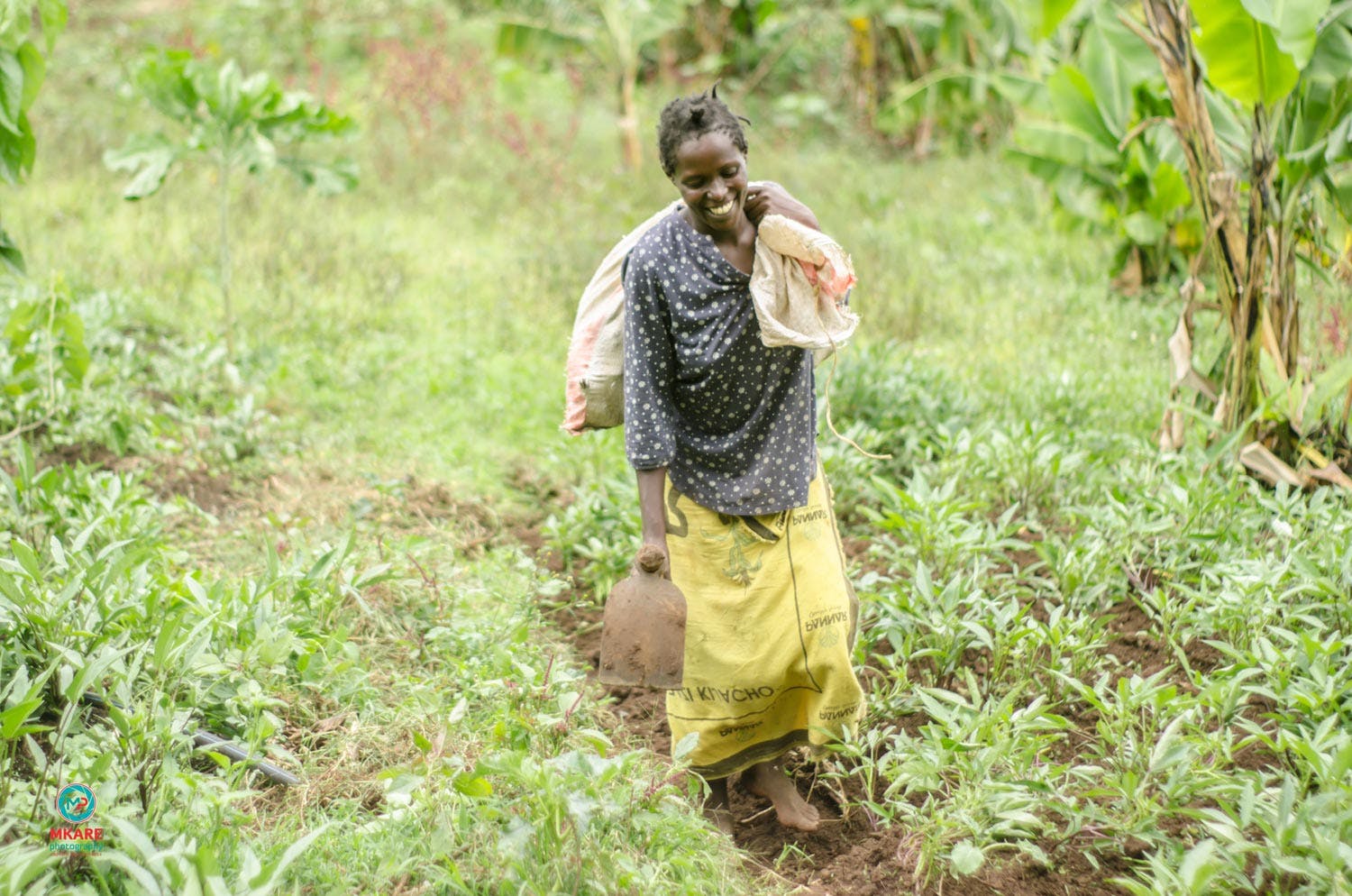 Kenyan farmer Ester Chebet walks through a field. She has dark skin, black hair, and wears a yellow skirt and blue shirt.