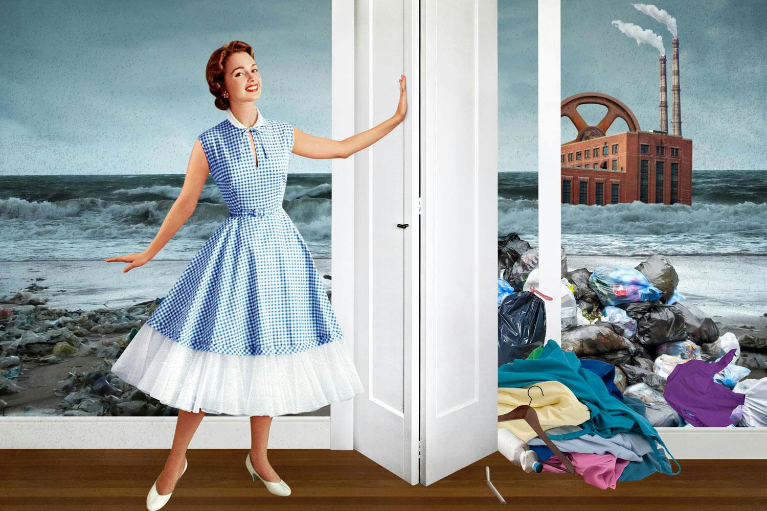 Illustration—a woman in a blue dress with one hand on a white closet door. A pile of trash spills out from behind the door.