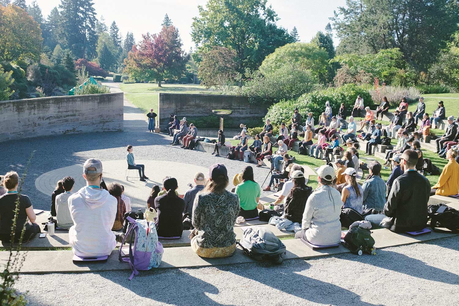 A large group seated in an outdoor ampitheatre. A woman sits in a chair centre-stage. Trees grow in the distance.