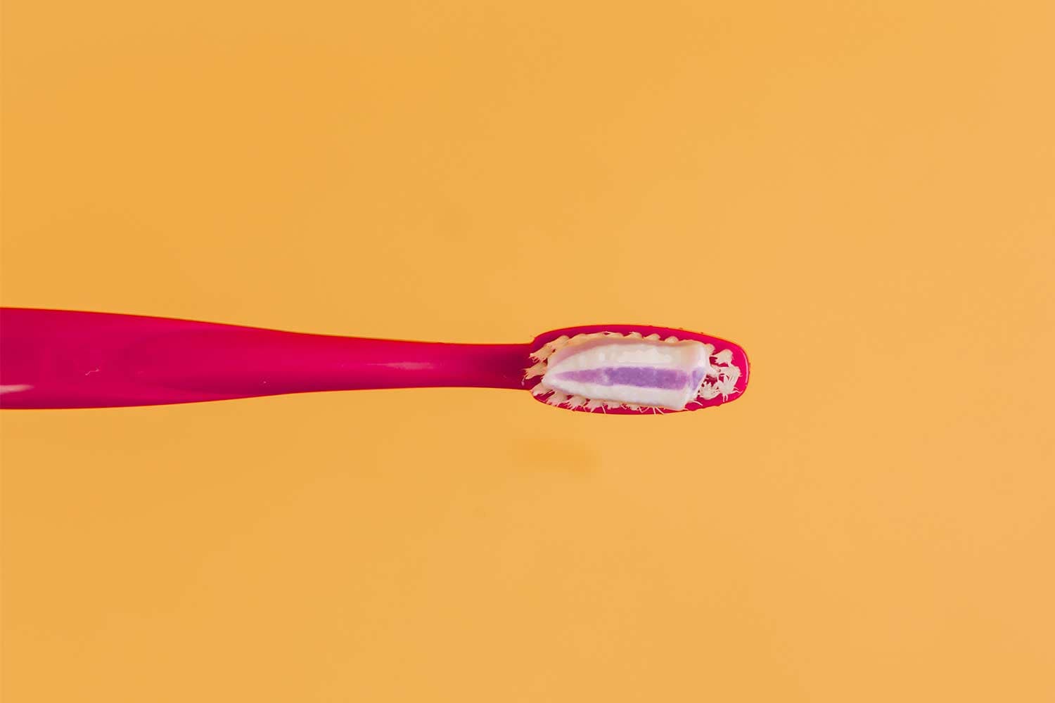 A dab of purple and white toothpaste on the bristles of a pink toothbrush, on a yellow background.