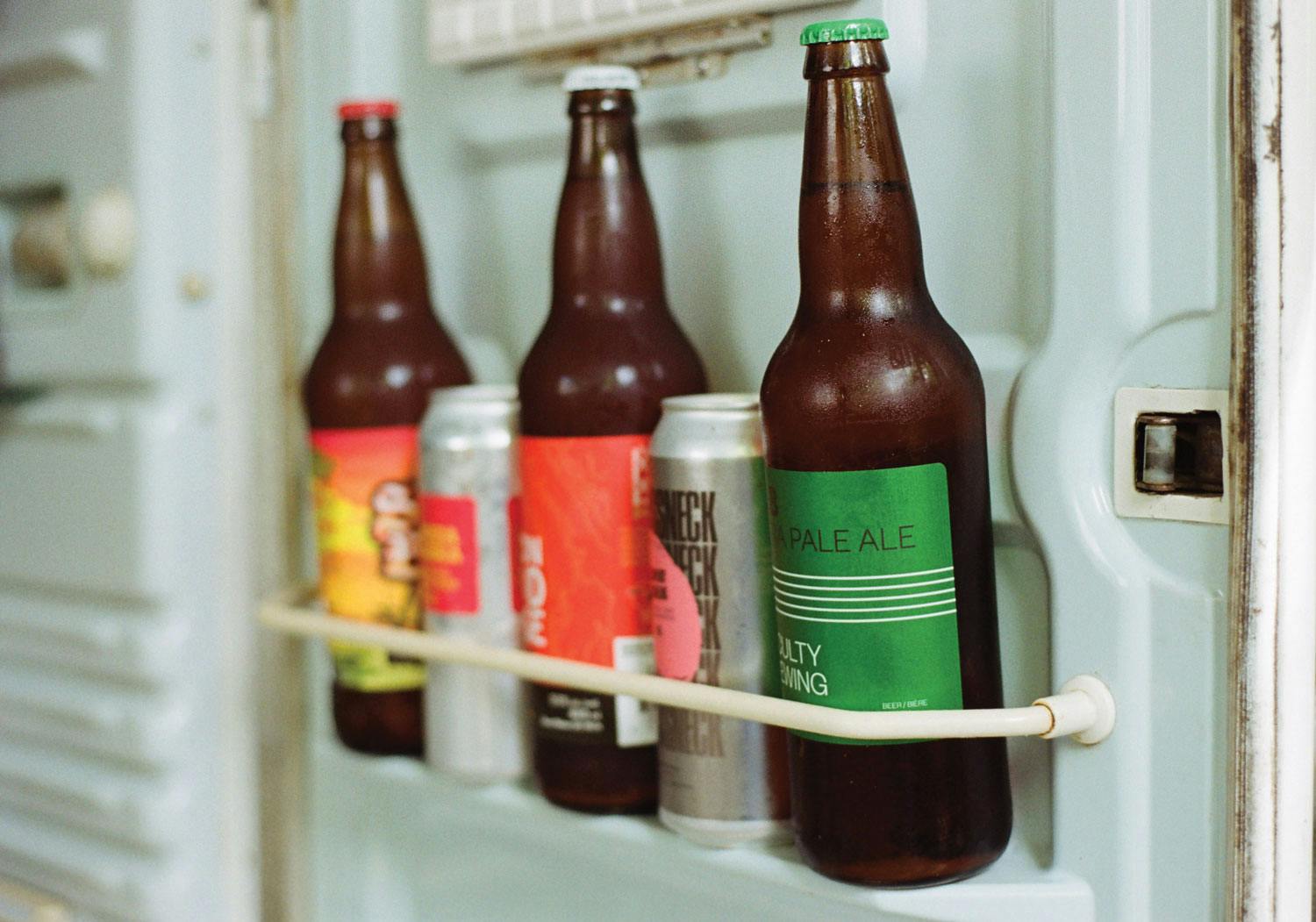 A fridge door shelf holding three large, brown glass bottles of beer, staggered with two tall beer cans.