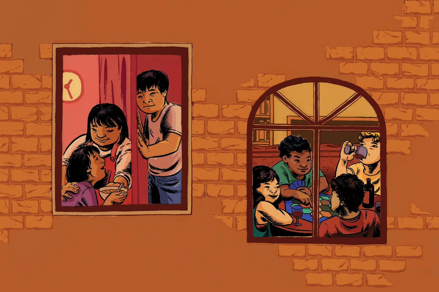 Illustration—2 windows in a brick wall show a family separated by a wall, and 4 roommates playing board games, drinking wine.