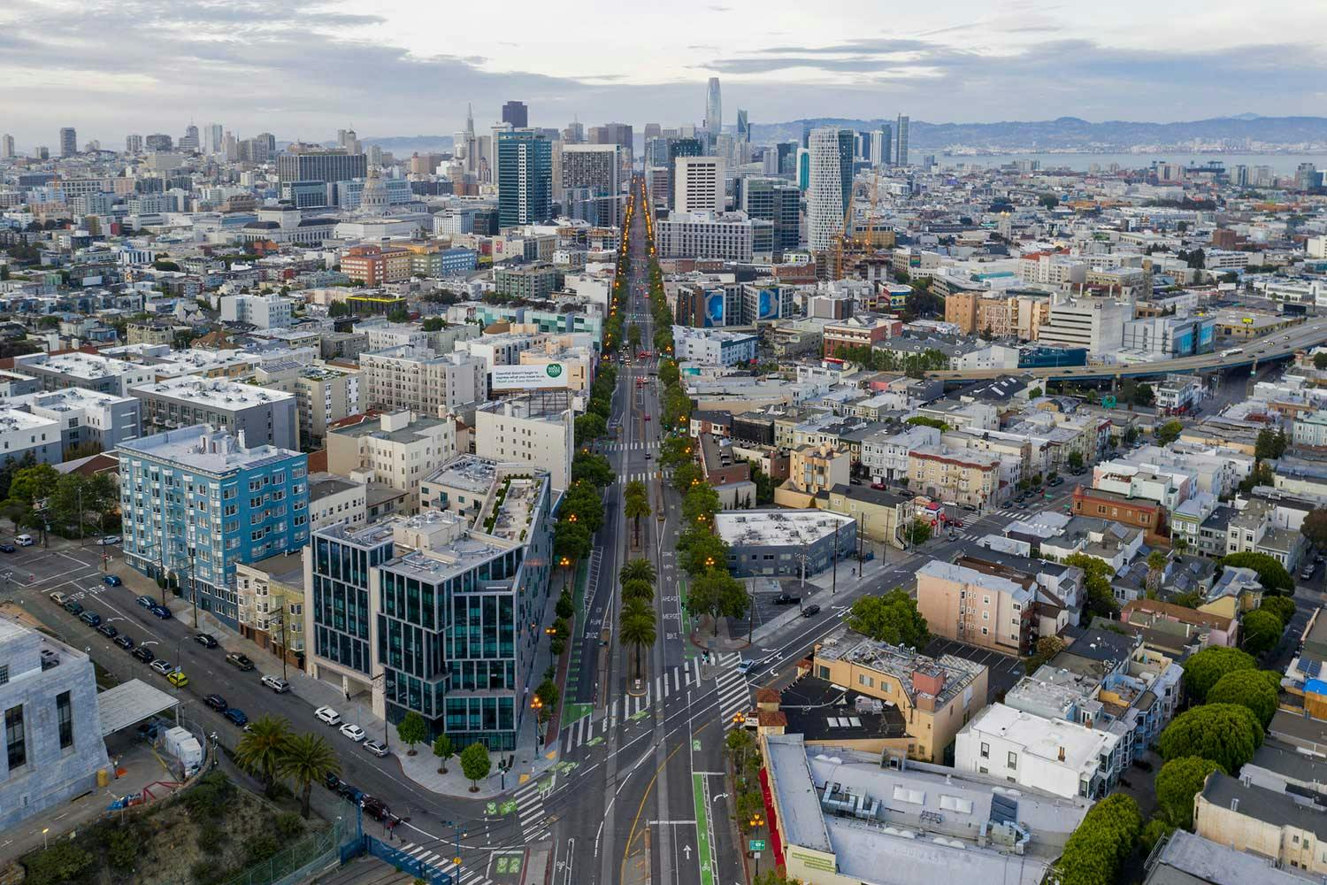 Aerial view of Market Street in San Francisco, during the Covid-19 lockdown, devoid of people and cars.