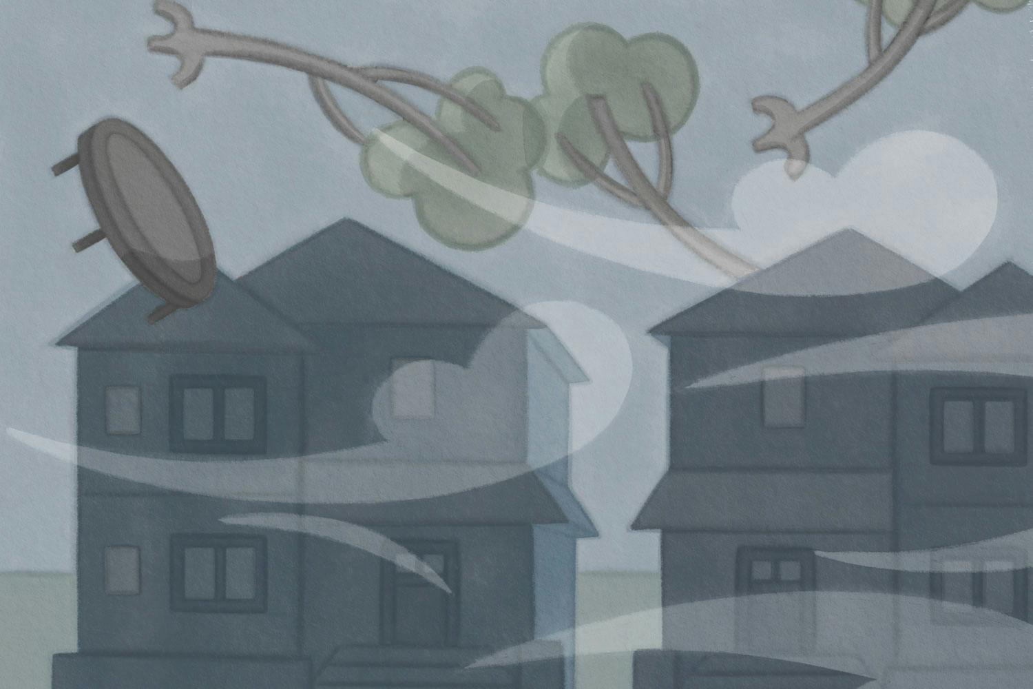 Illustration—Whirling winds lift a trampoline and trees above a row of homes.