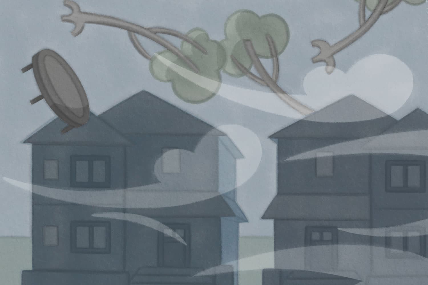 Illustration—Whirling winds lift a trampoline and trees above a row of homes.