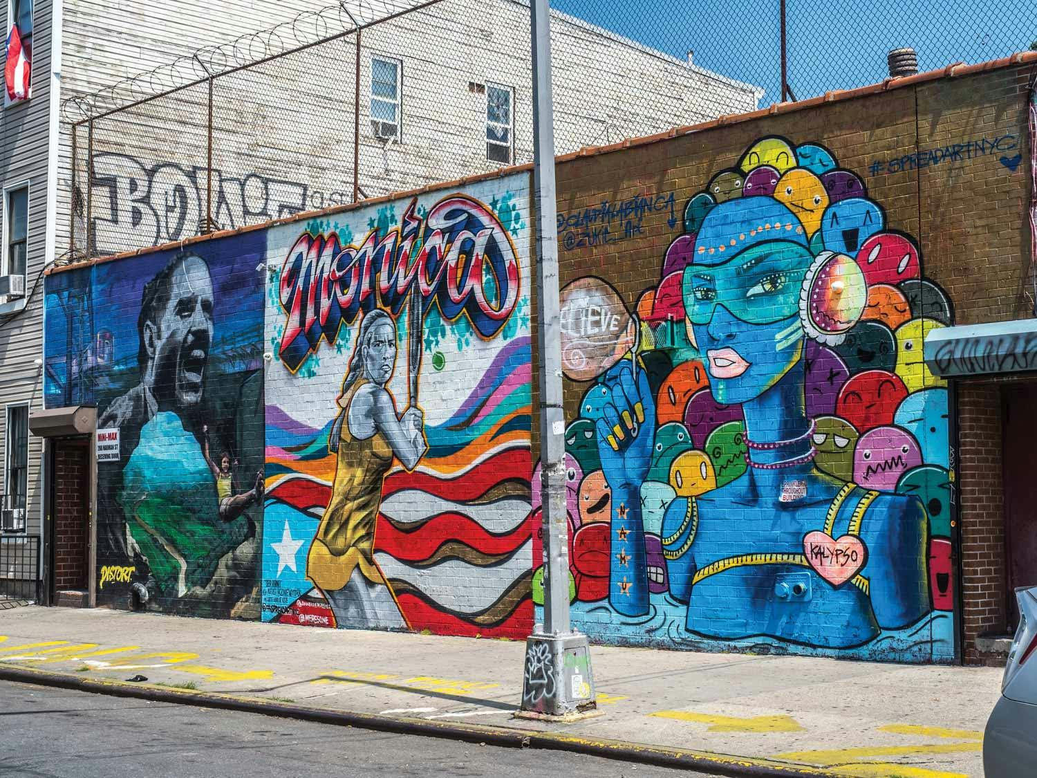Murals of a man shouting, a tennis player, and a blue-skinned woman with colourful hair and goggles in Bushwick, Brooklyn.