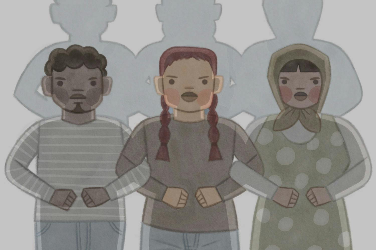 Illustration—three people linking arms, with stern facial expressions.