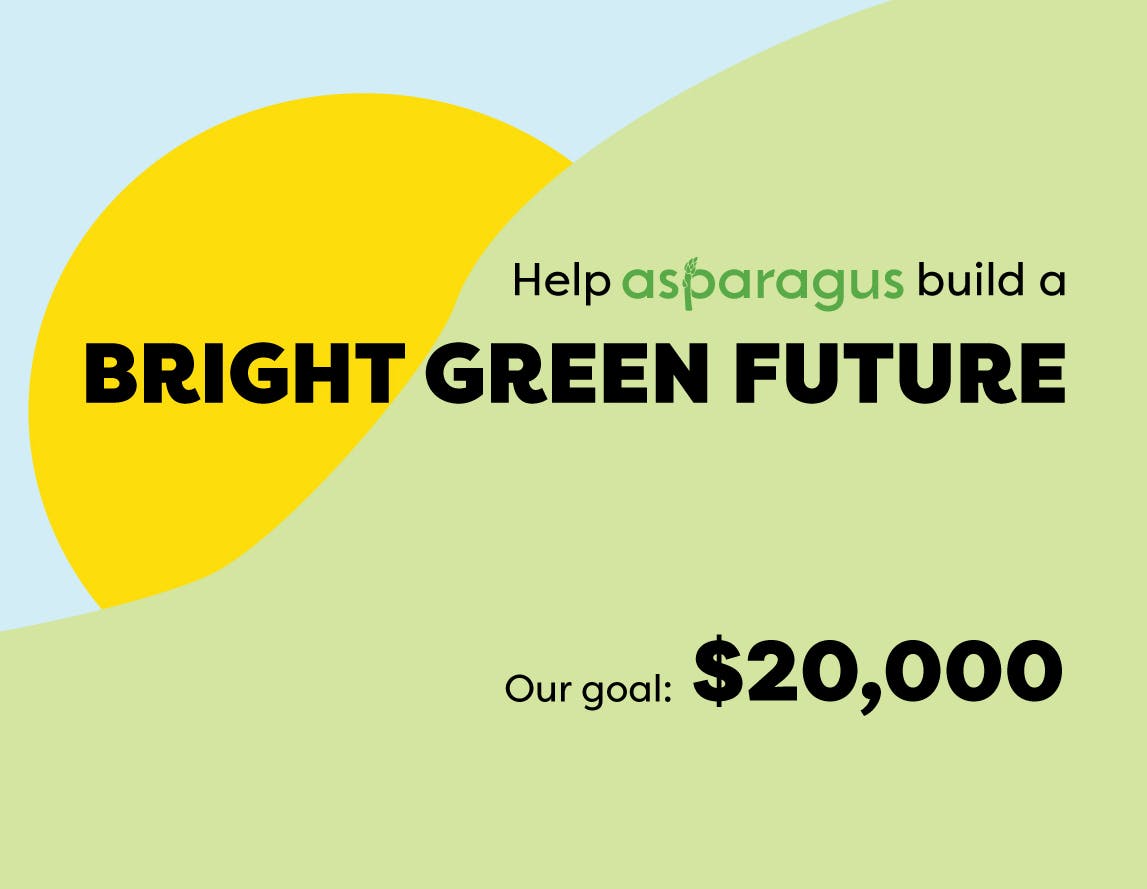 Illustration with key text: "Help Asparagus build a bright green future. Our goal: $20,000."