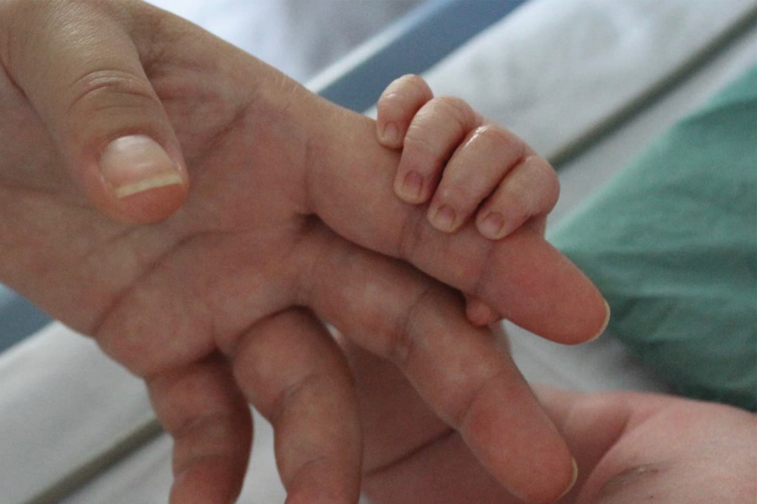 Close-up of an infant's hand grabbing an adult's index finger as it lays in a blue crib with white sheets & a green pillow.